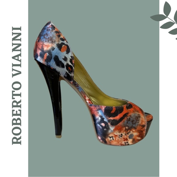 🛍️3/$40 Roberto Vianni Open Toe Stilleto Platform Fabric Multi Color 7.5 / 38 - Picture 2 of 10